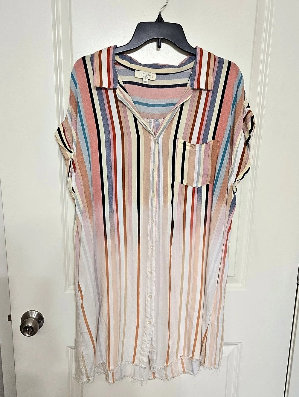 Umgee Bleached Striped Short Sleeve Button Down Shirt Dress Pink & Blue XL